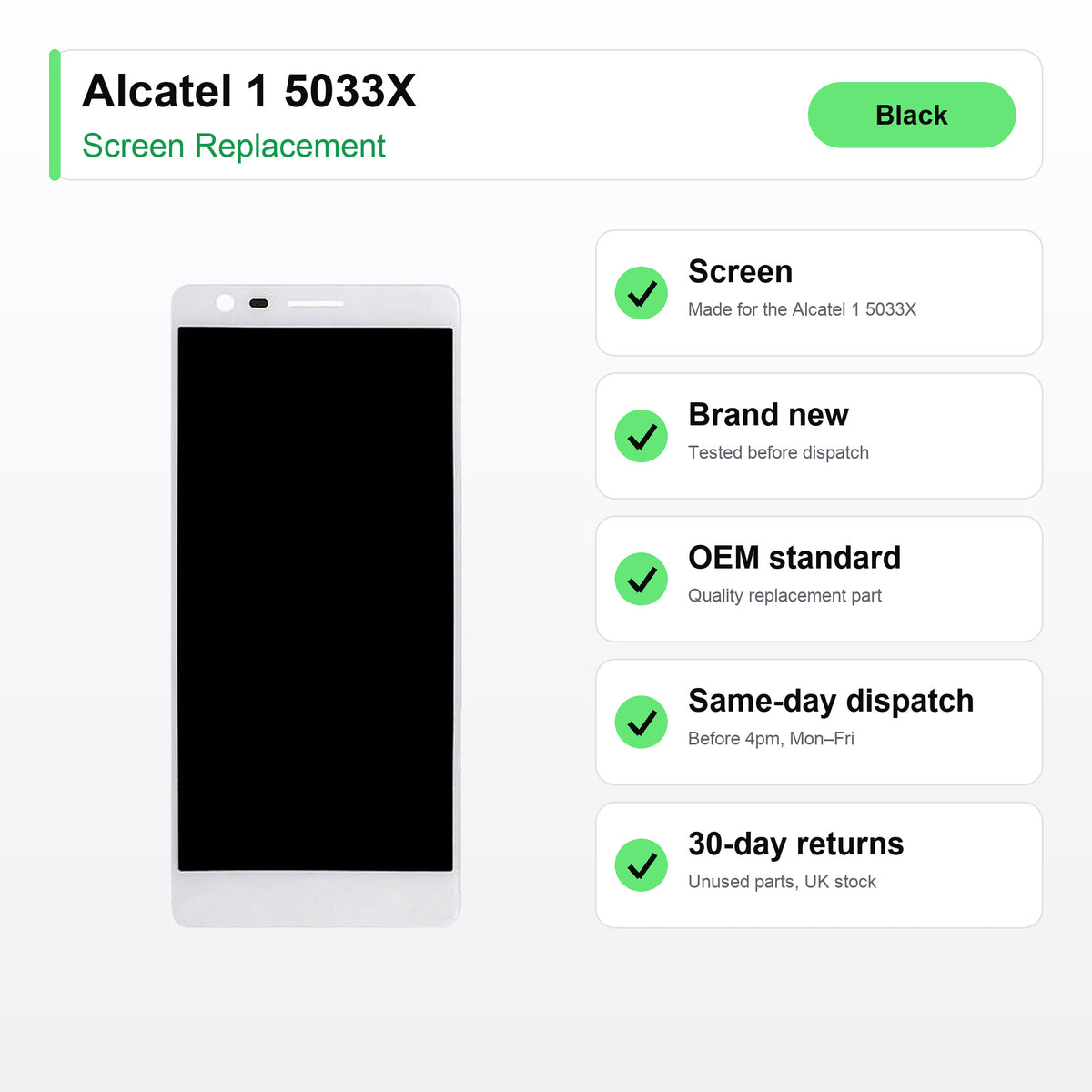 Alcatel 1 5033X screen key facts: brand new, tested, same-day UK dispatch