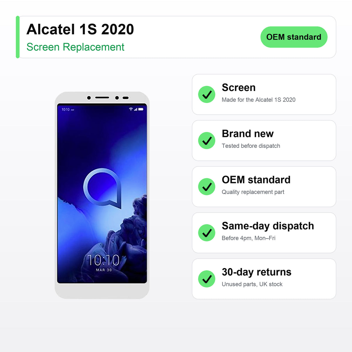 Alcatel 1S 2020 screen key facts: brand new, tested, same-day UK dispatch