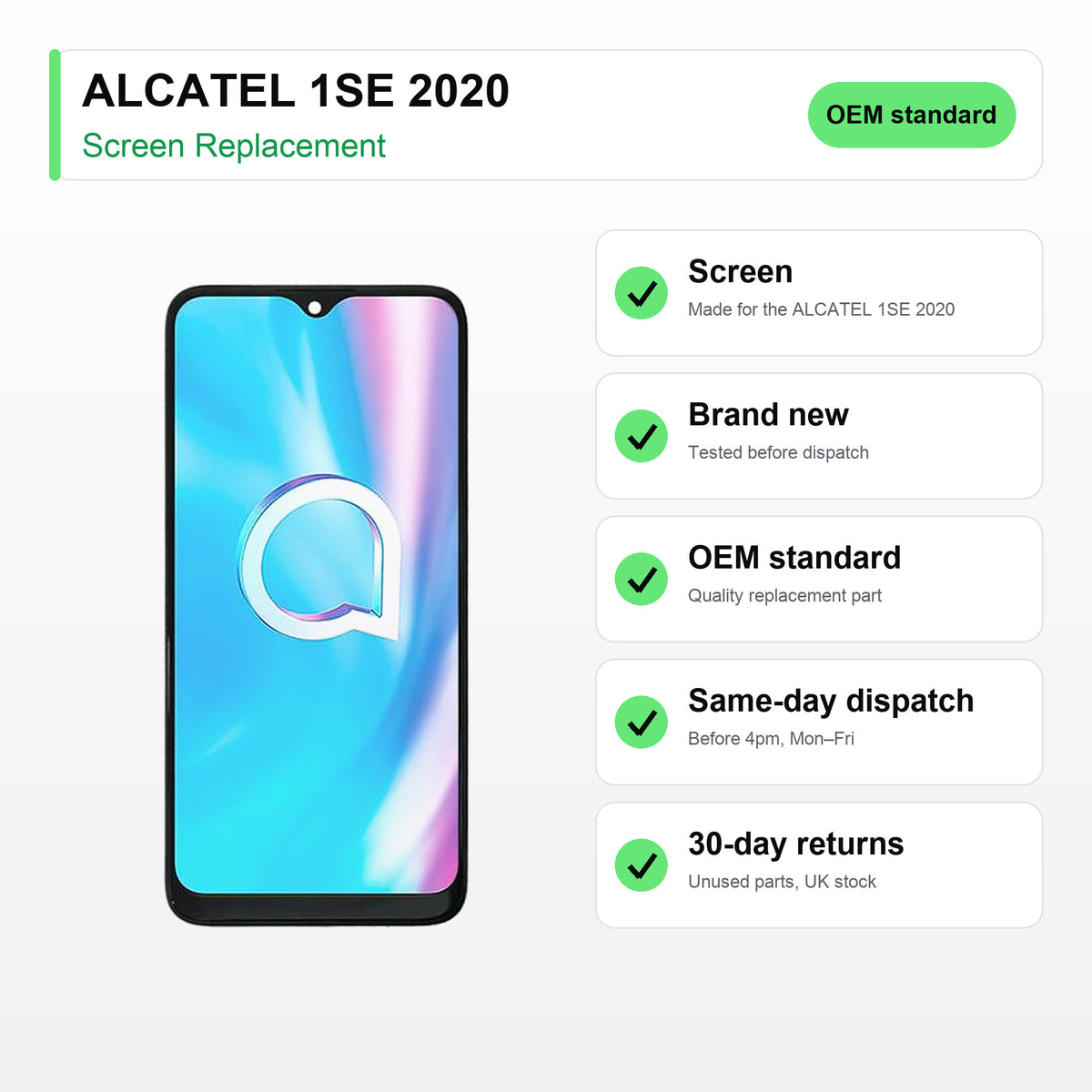 ALCATEL 1SE 2020 screen key facts: brand new, tested, same-day UK dispatch