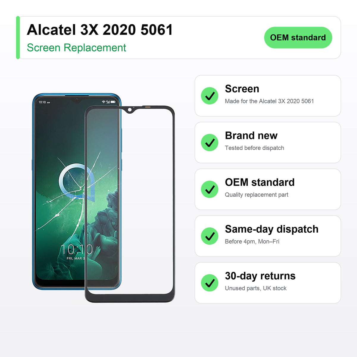 Alcatel 3X 2020 5061 screen key facts: brand new, tested, same-day UK dispatch