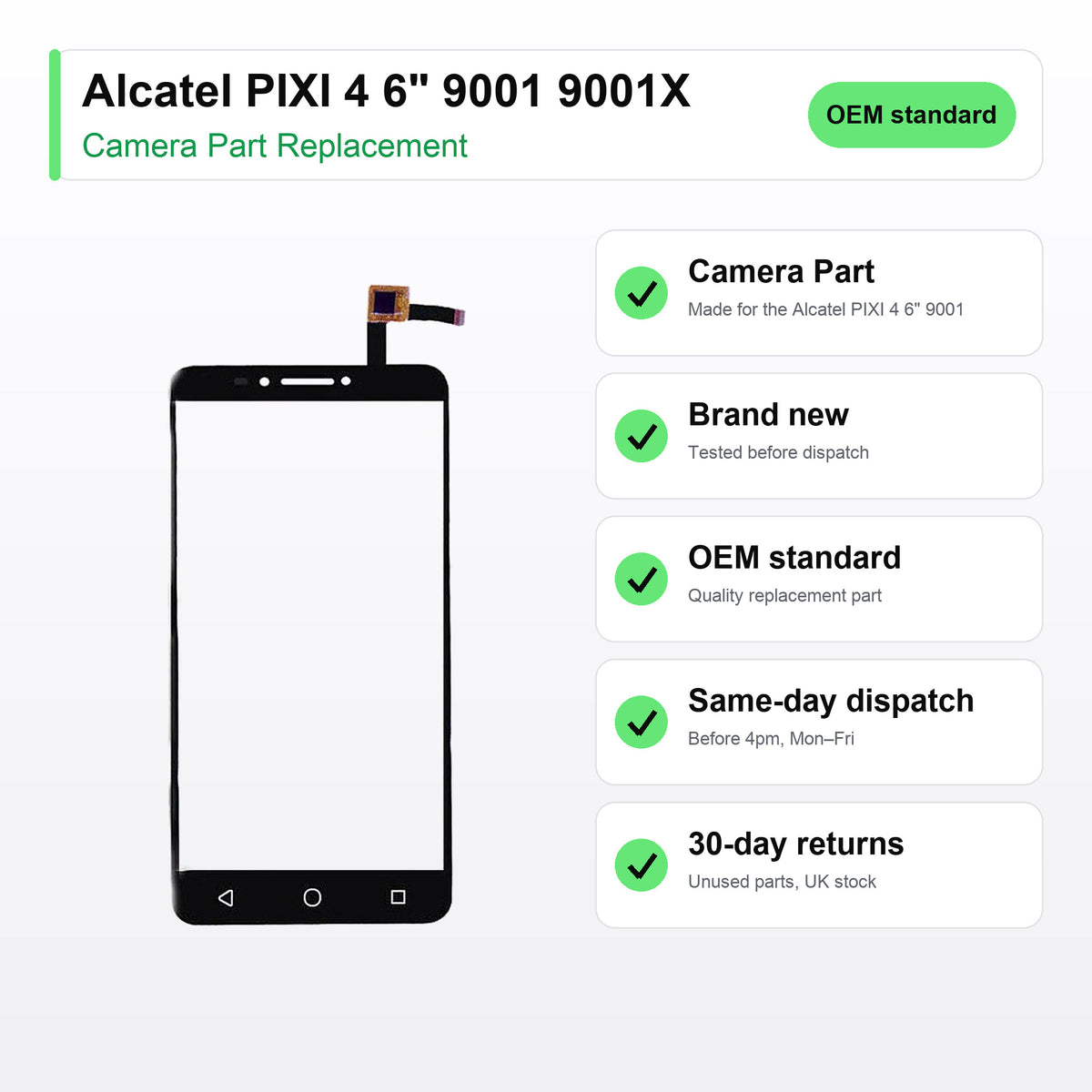 Alcatel PIXI 4 6" 9001 9001X camera lens key facts: brand new, tested, same-day UK dispatch