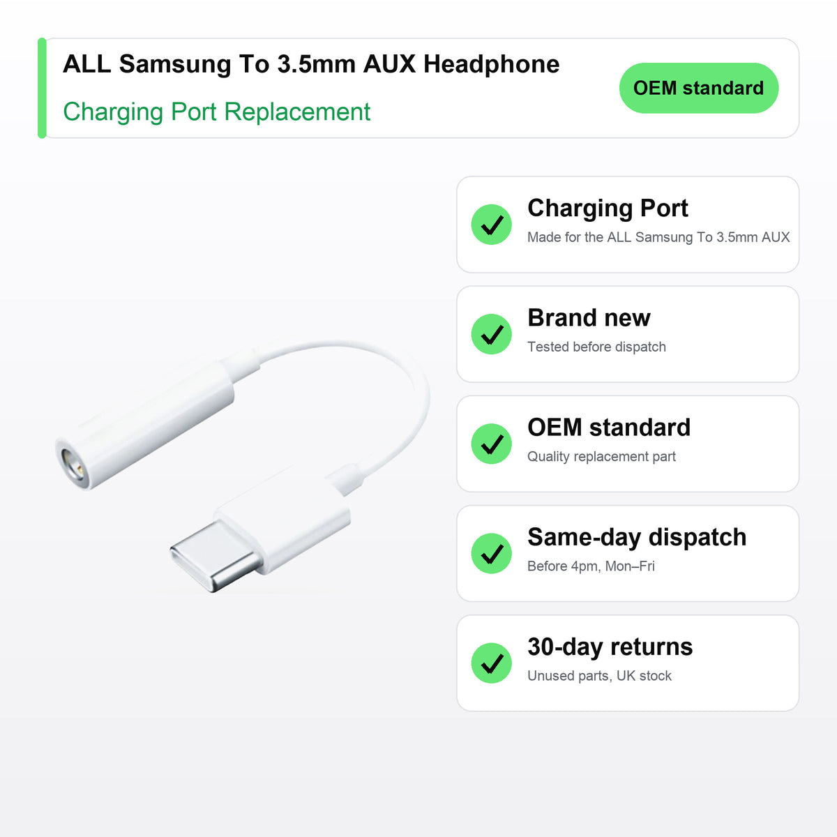 ALL Samsung To 3.5mm AUX Headphone Jack Adapter charging port key facts: brand new, tested, same-day UK dispatch