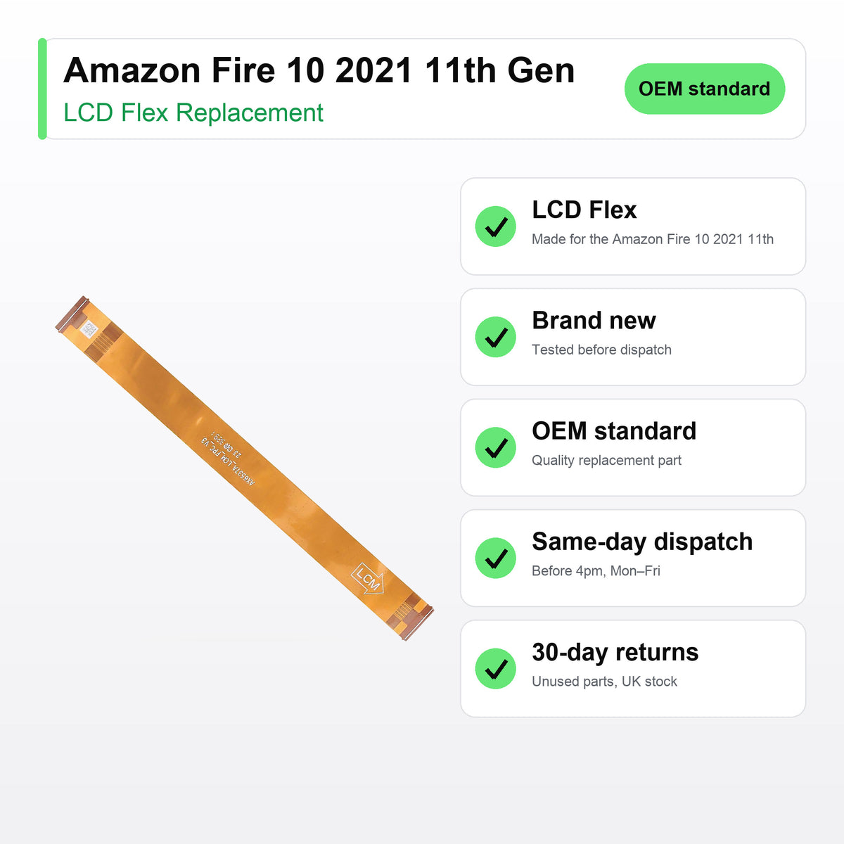 Amazon Fire 10 2021 11th Gen LCD flex cable key facts: brand new, tested, same-day UK dispatch
