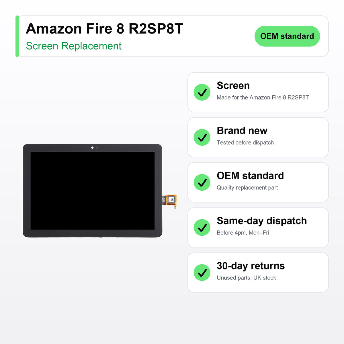 Amazon Fire 8 R2SP8T screen key facts: brand new, tested, same-day UK dispatch