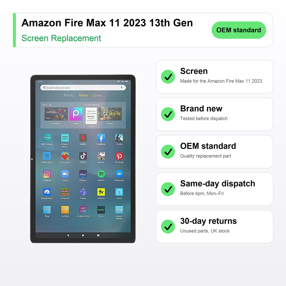 Amazon Fire Max 11 2023 13th Gen screen key facts: brand new, tested, same-day UK dispatch