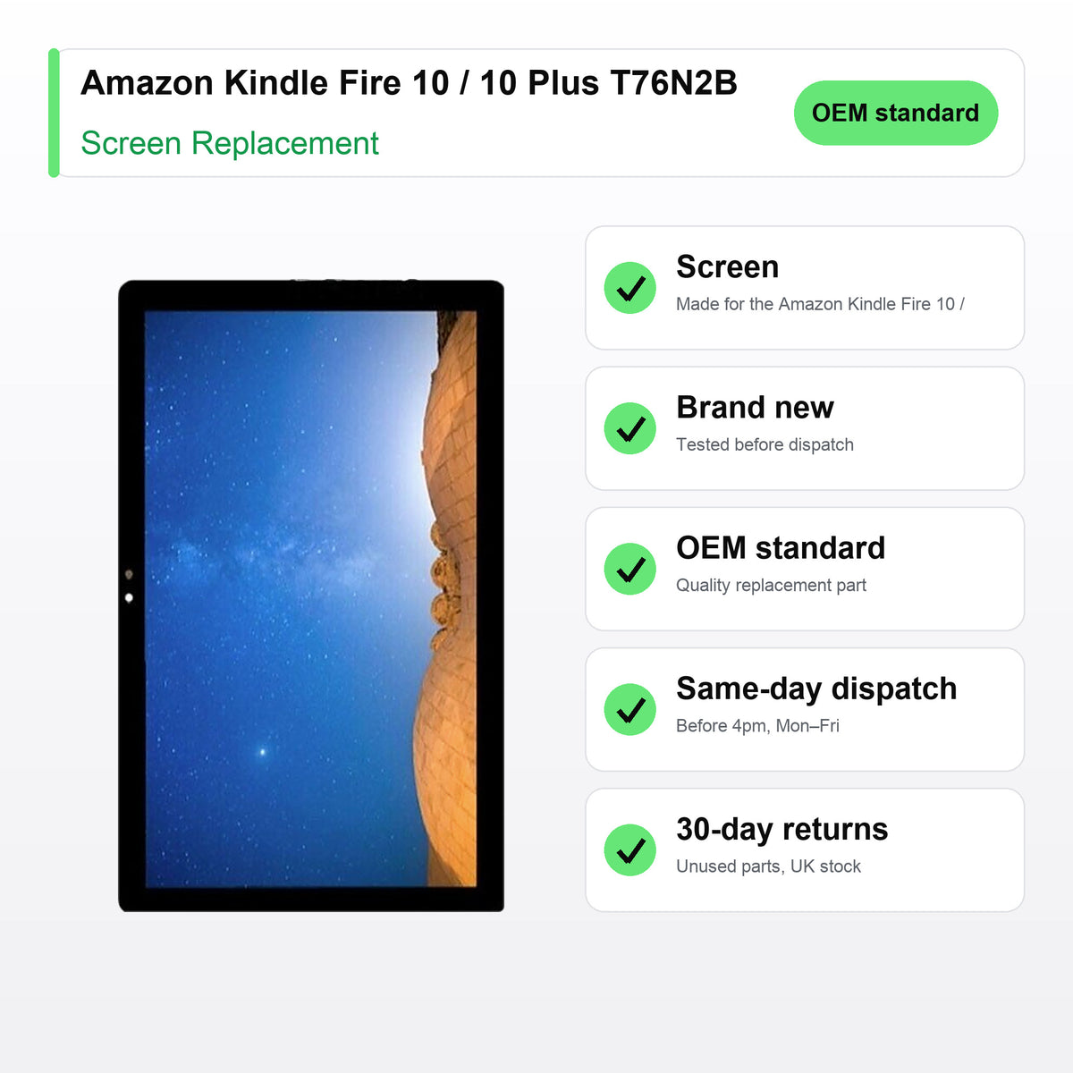 Amazon Kindle Fire 10 / 10 Plus T76N2B T76N2P screen key facts: brand new, tested, same-day UK dispatch