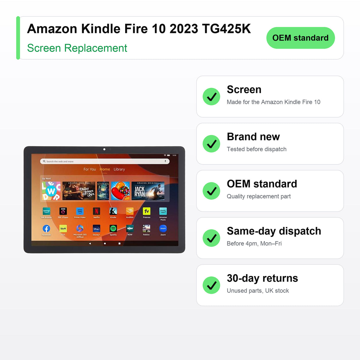 Amazon Kindle Fire 10 2023 TG425K screen key facts: brand new, tested, same-day UK dispatch