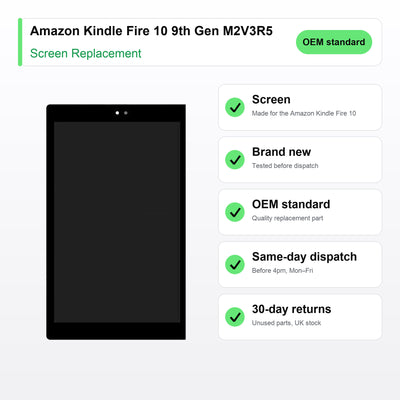 Amazon Kindle Fire 10 9th Gen M2V3R5 2019 screen key facts: brand new, tested, same-day UK dispatch