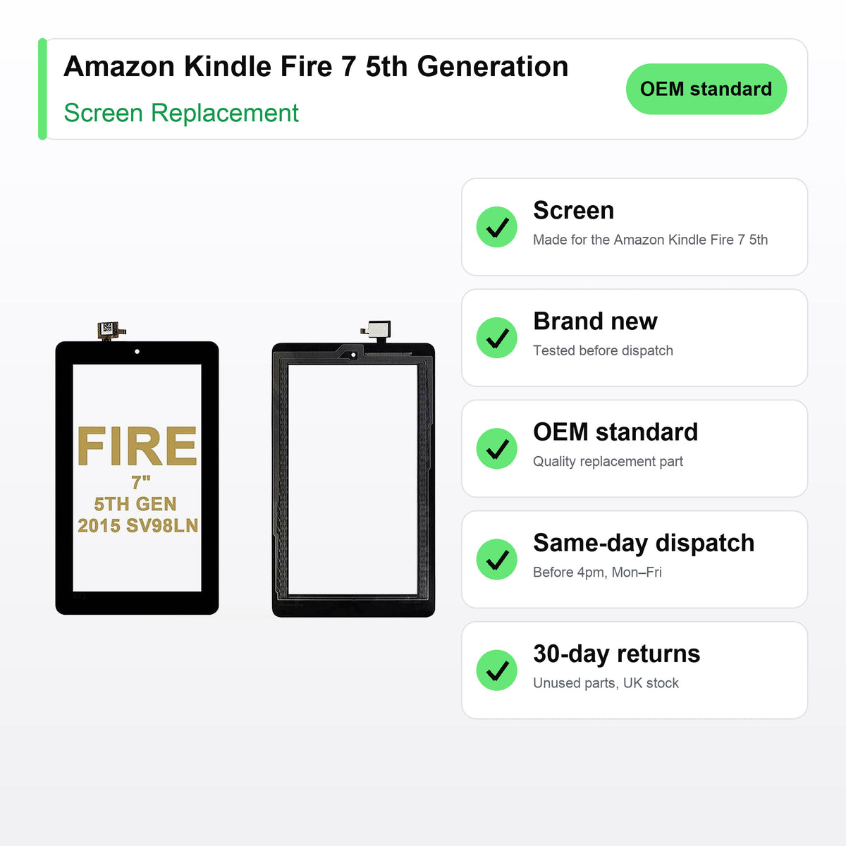 Amazon Kindle Fire 7 5th Generation SV98LN Polarizer screen key facts: brand new, tested, same-day UK dispatch