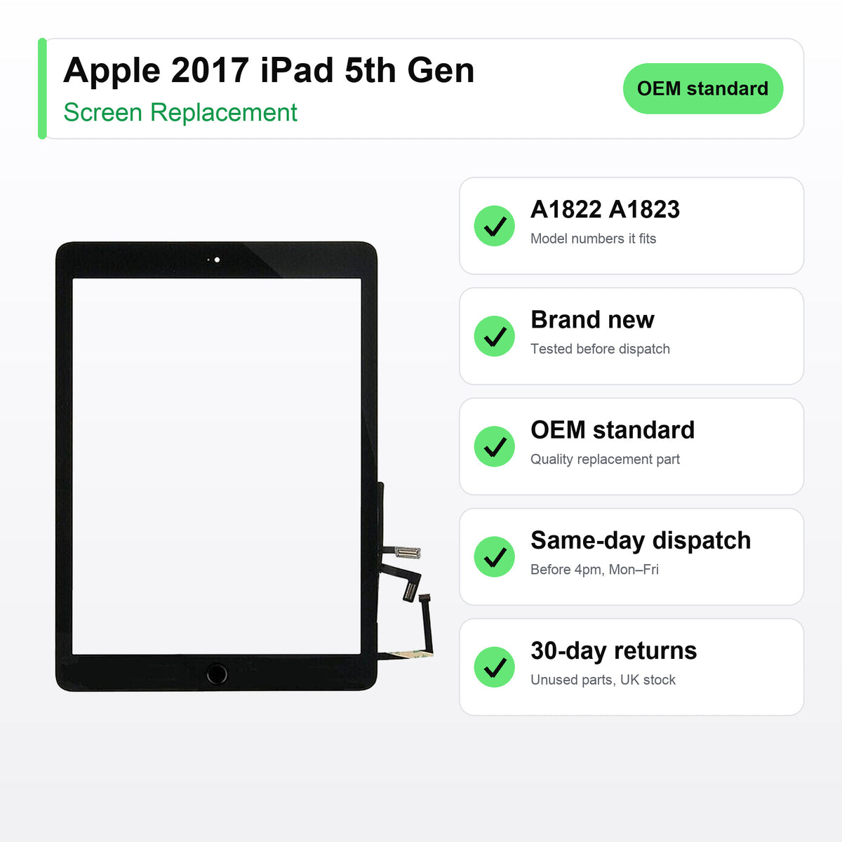 Apple 2017 iPad 5th Gen screen key facts: brand new, tested, same-day UK dispatch