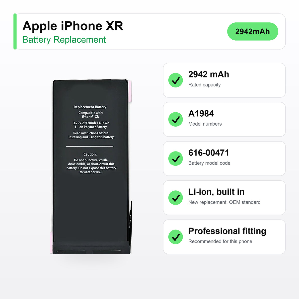 Apple iPhone XR battery replacement specs: 2942 mAh, A1984