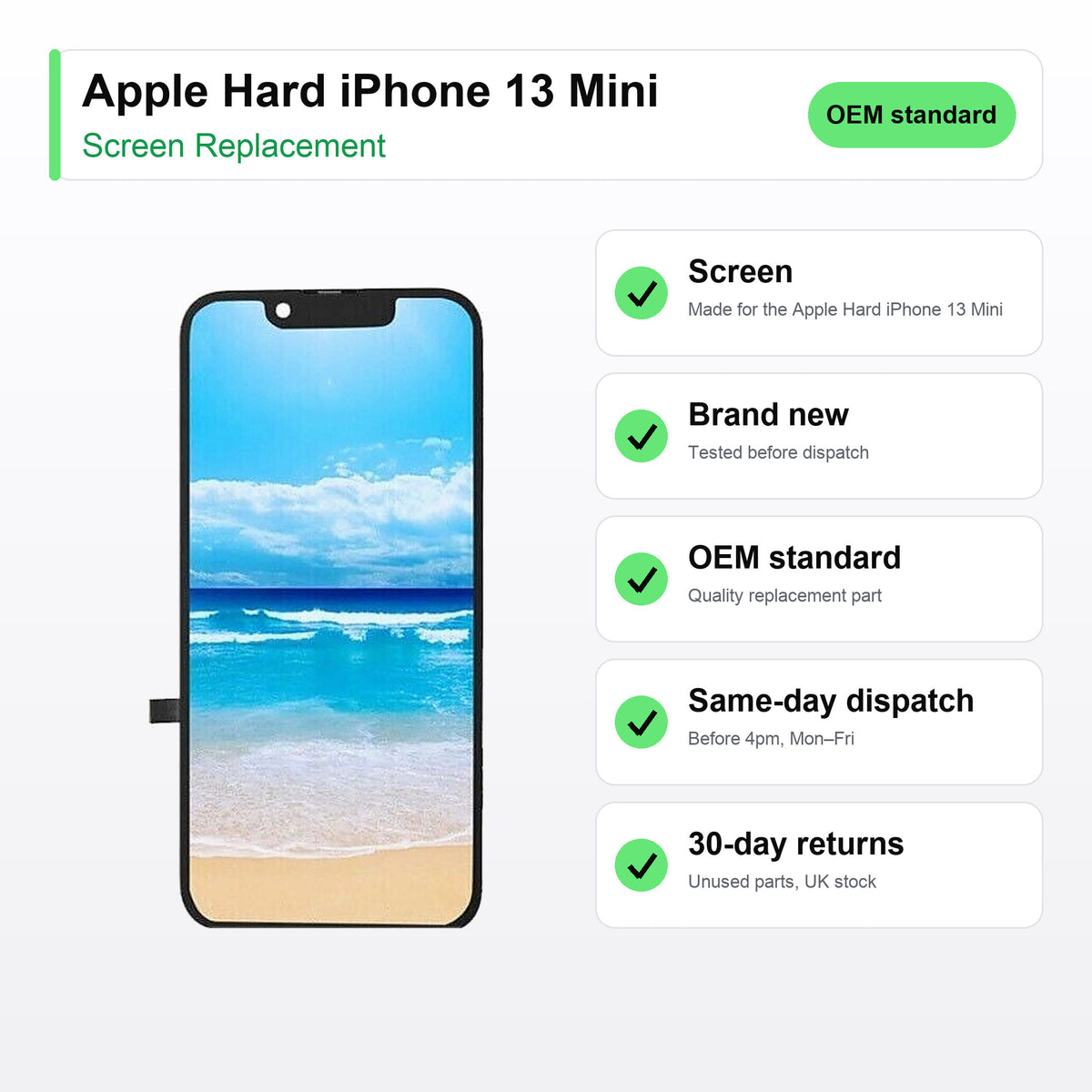 Apple Hard iPhone 13 Mini screen key facts: brand new, tested, same-day UK dispatch