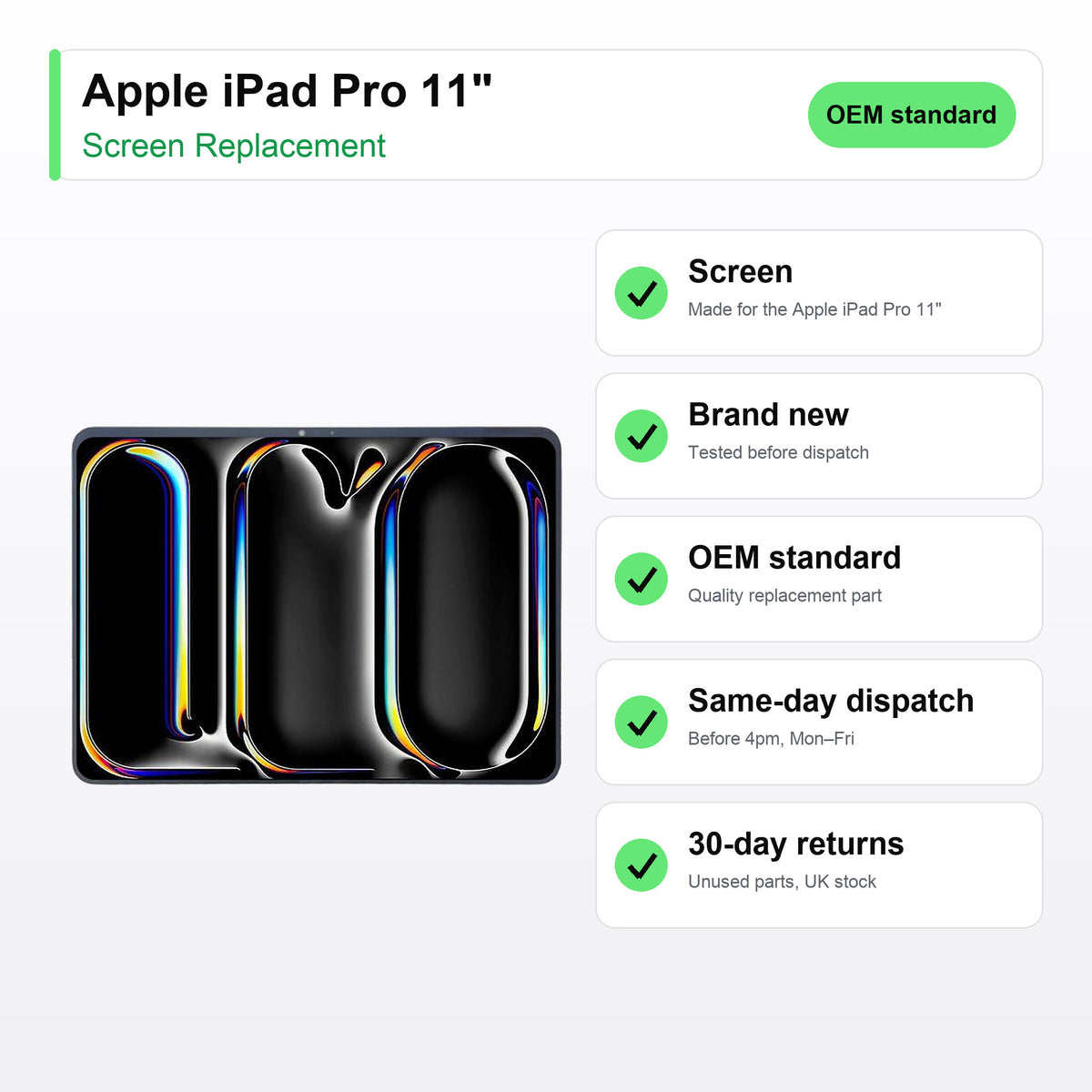 Apple iPad Pro 11" screen key facts: brand new, tested, same-day UK dispatch