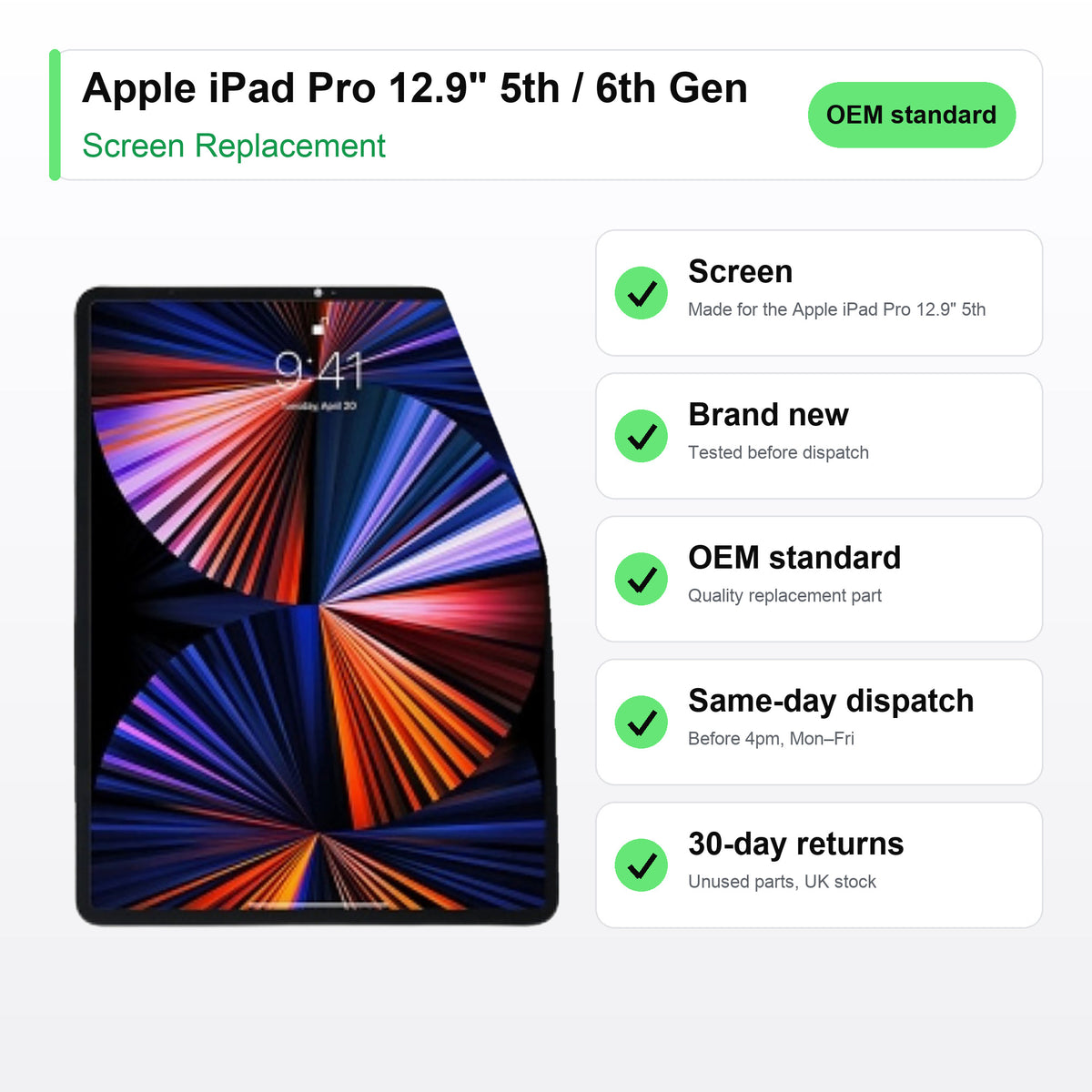 Apple iPad Pro 12.9" 5th / 6th Gen screen key facts: brand new, tested, same-day UK dispatch