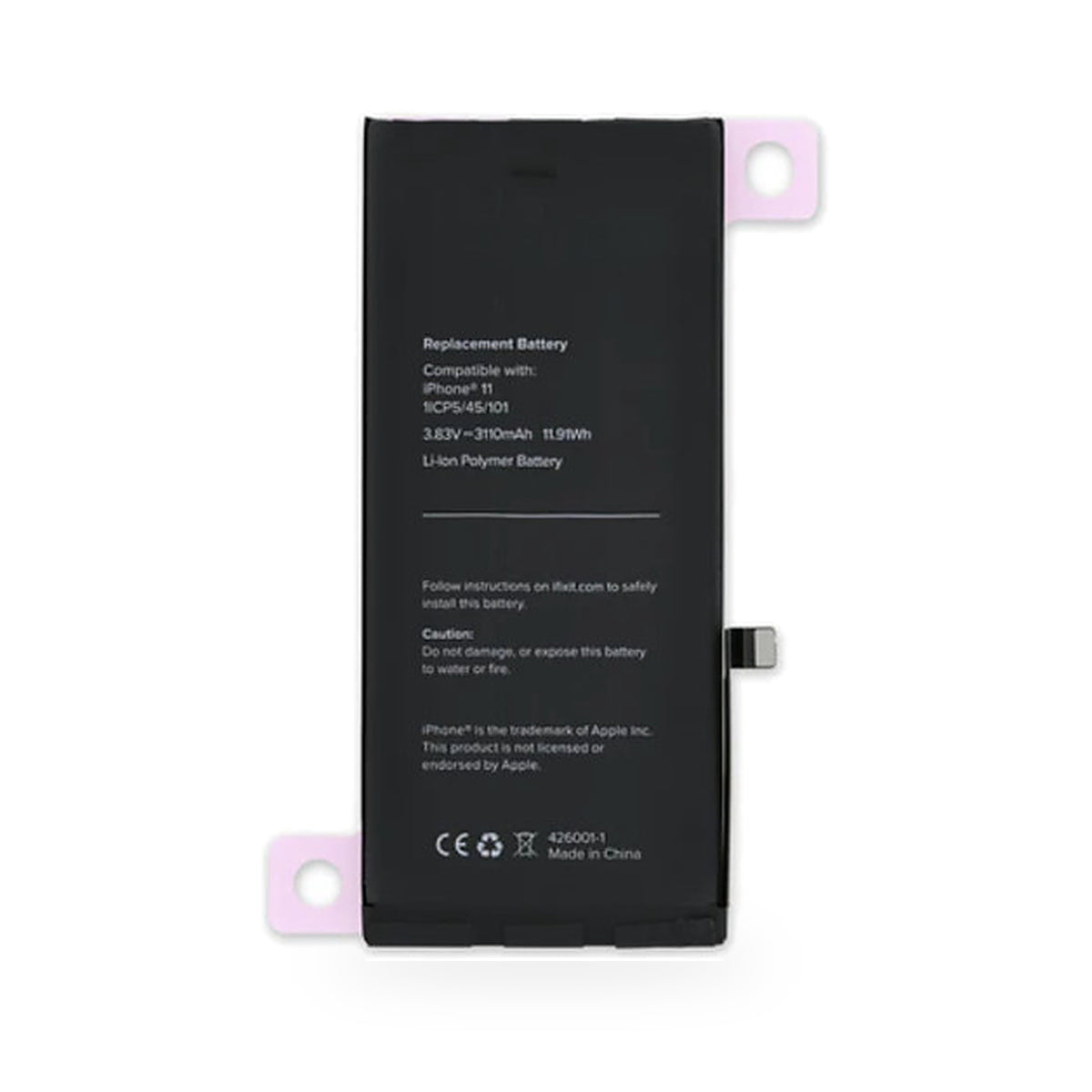 Apple iPhone 11 replacement battery, front view on white background