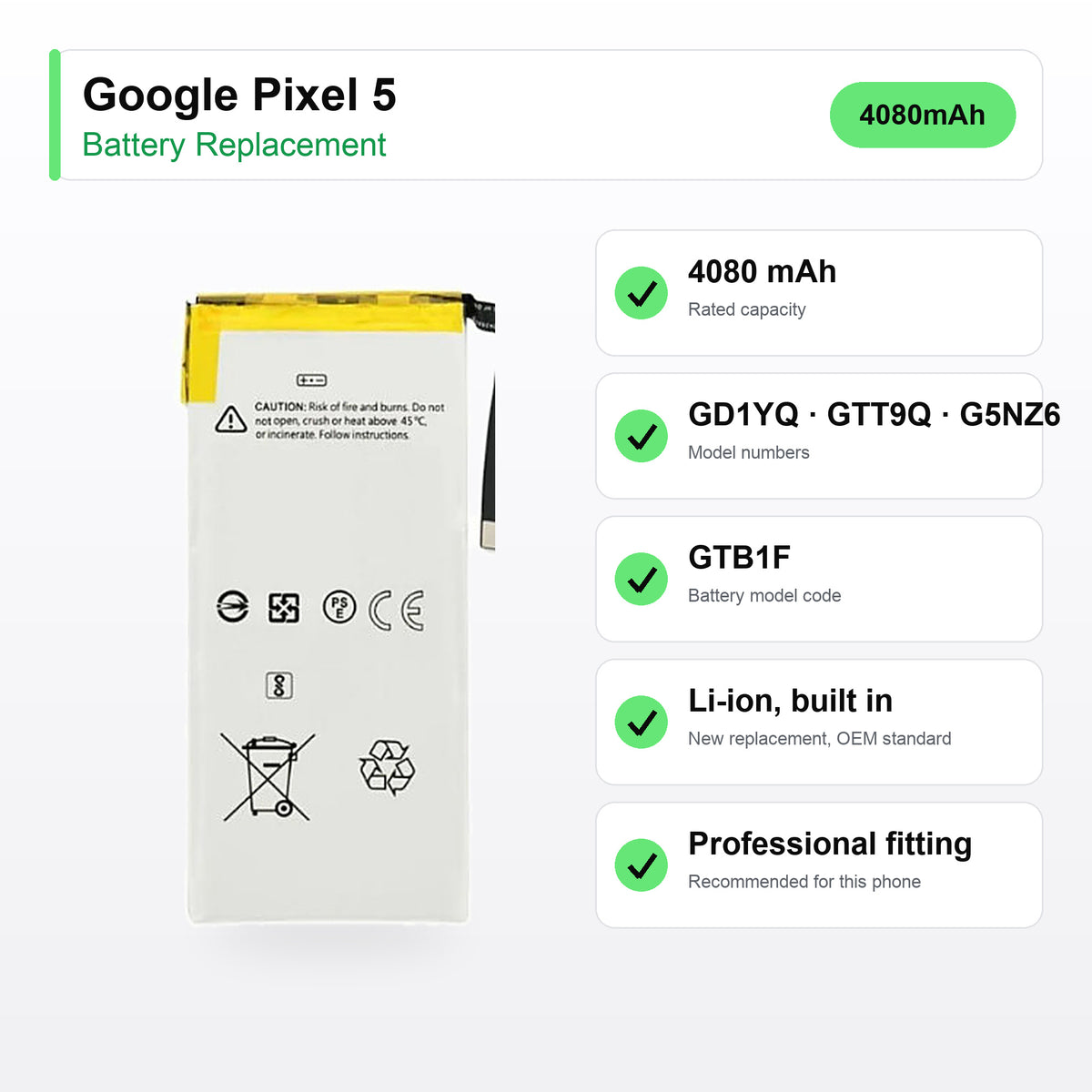 Google Pixel 5 battery replacement specs: 4080 mAh, GD1YQ, GTT9Q