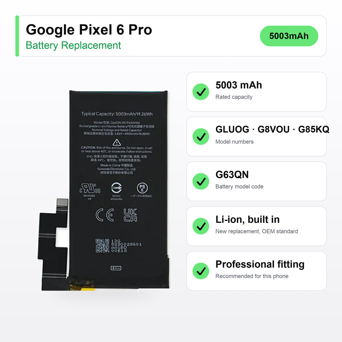Google Pixel 6 Pro battery replacement specs: 5003 mAh, GLUOG, G8VOU