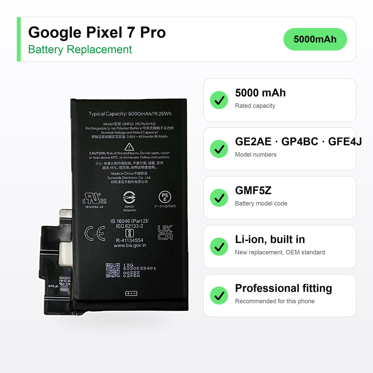 Google Pixel 7 Pro battery replacement specs: 5000 mAh, GE2AE, GP4BC