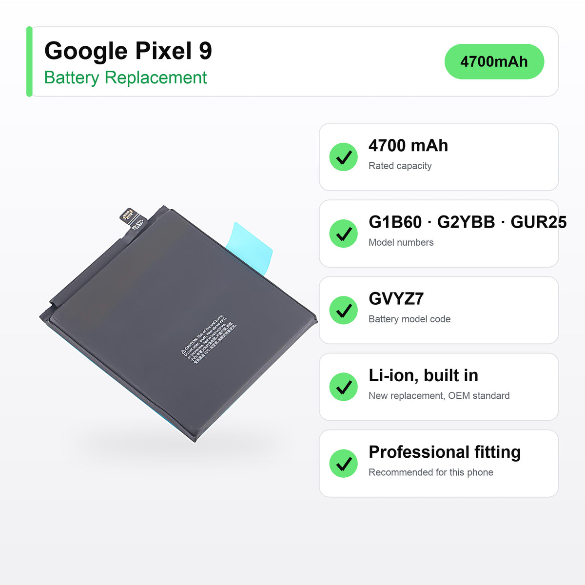 Google Pixel 9 battery replacement specs: 4700 mAh, G1B60, G2YBB