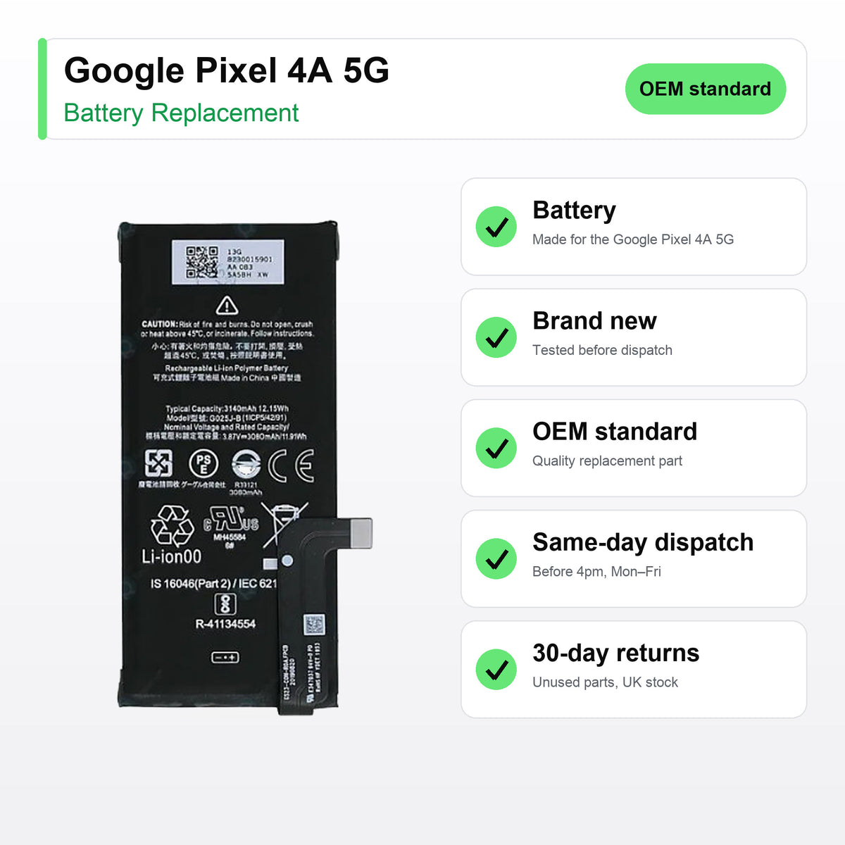 Google Pixel 4A 5G battery key facts: brand new, tested, same-day UK dispatch