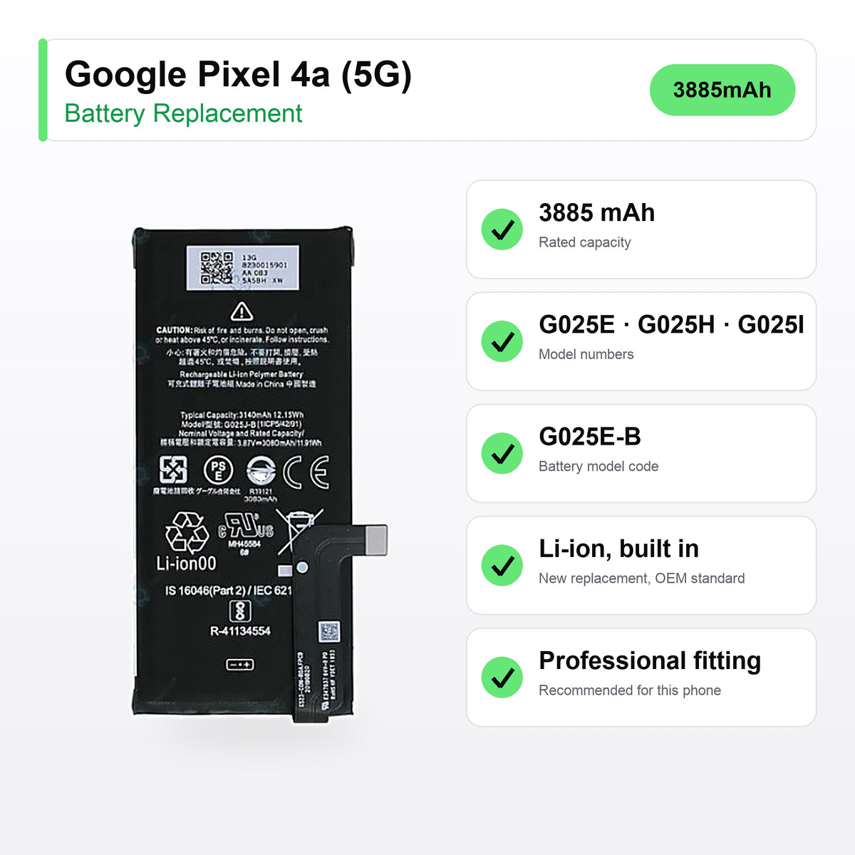 Google Pixel 4a (5G) battery replacement specs: 3885 mAh, G025E, G025H