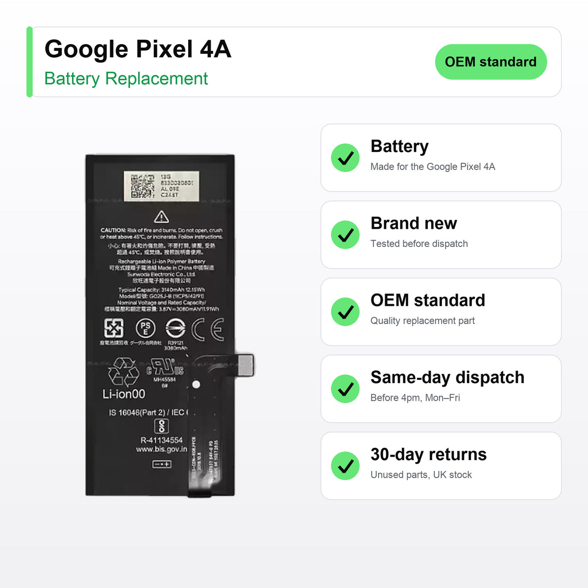 Google Pixel 4A battery key facts: brand new, tested, same-day UK dispatch