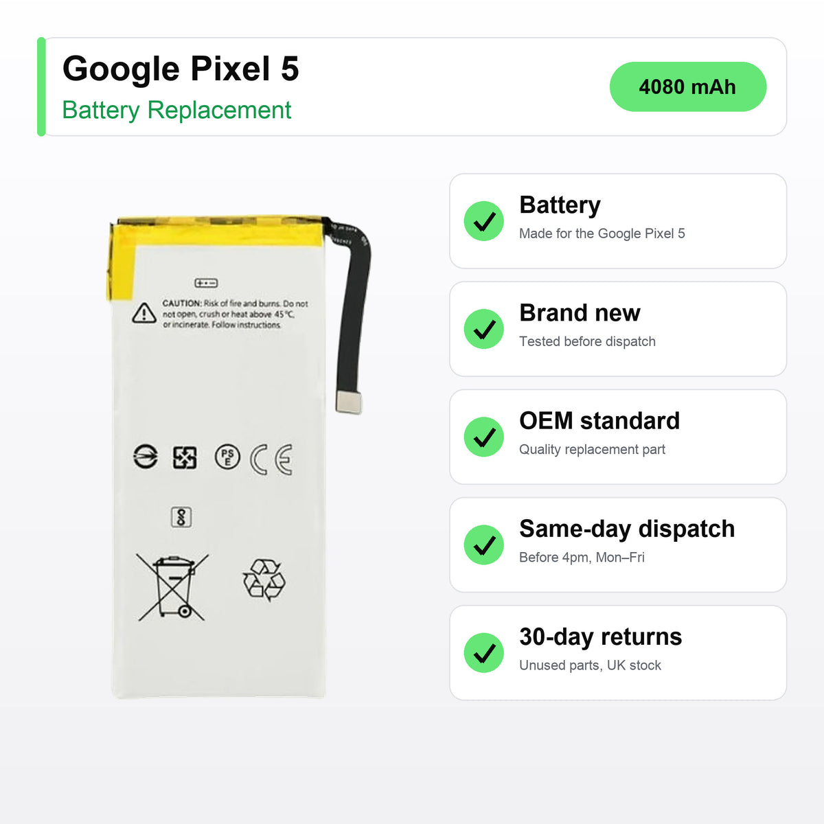 Google Pixel 5 battery key facts: brand new, tested, same-day UK dispatch