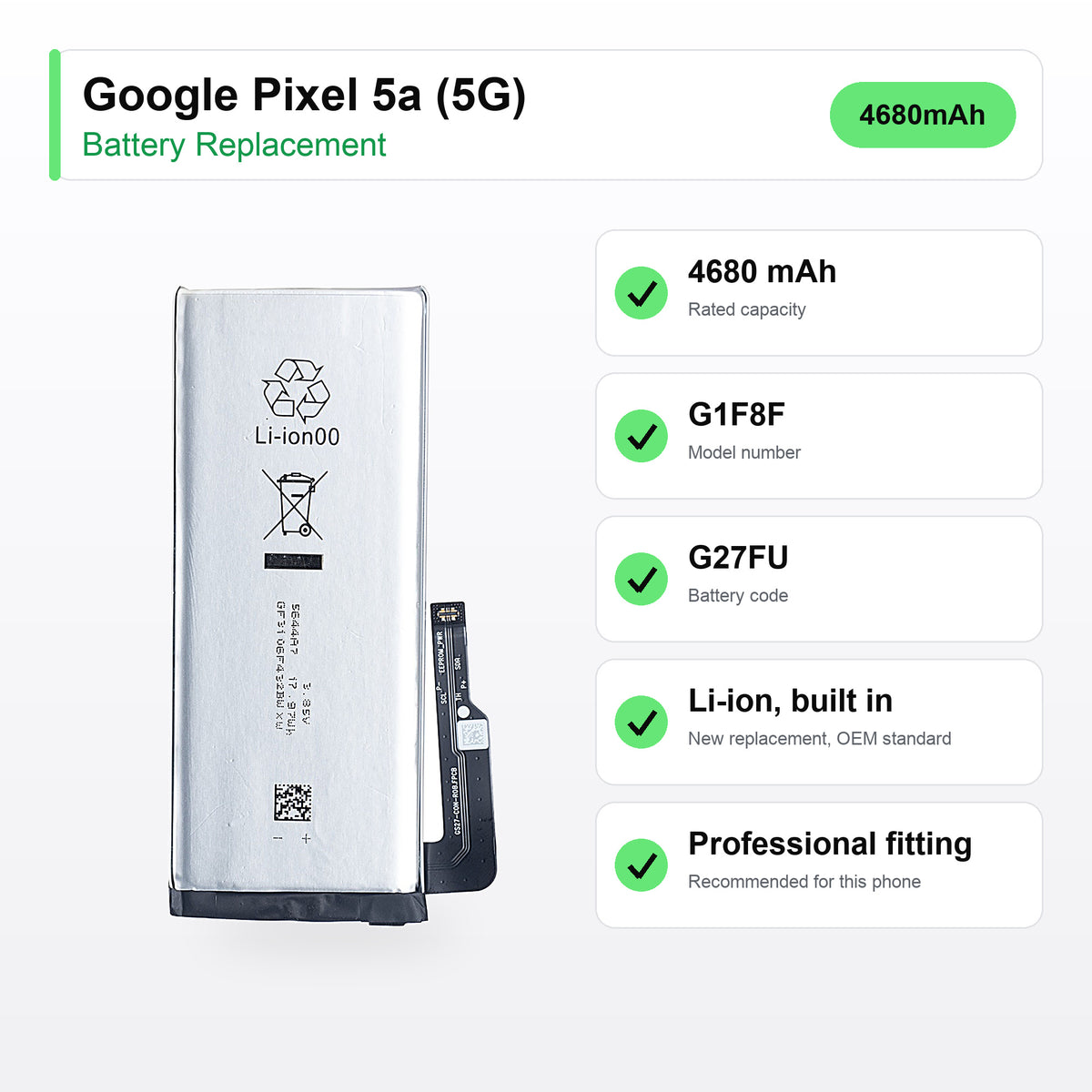 Google Pixel 5a (5G) battery replacement specs: 4680 mAh, G1F8F, G27FU