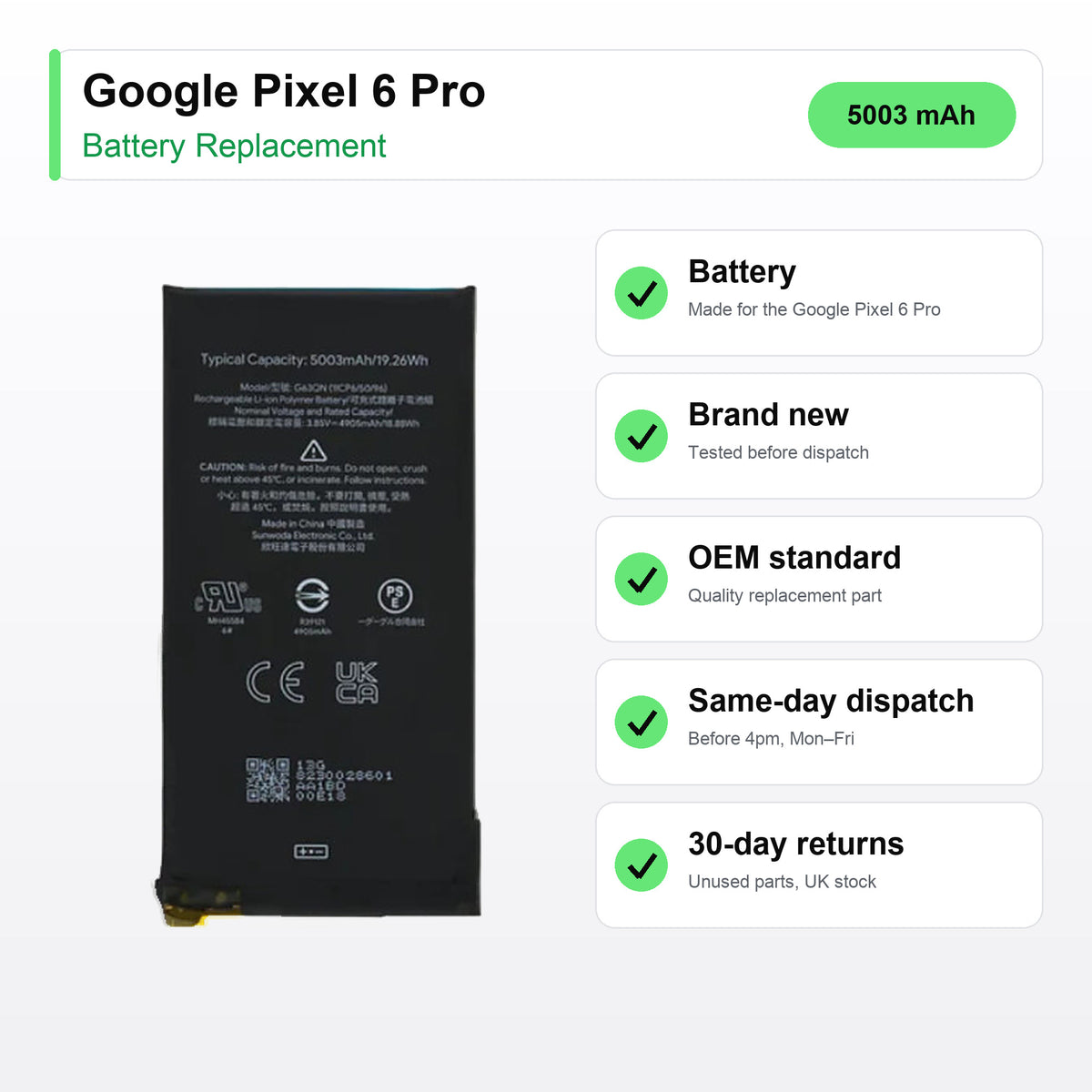 Google Pixel 6 Pro battery key facts: brand new, tested, same-day UK dispatch