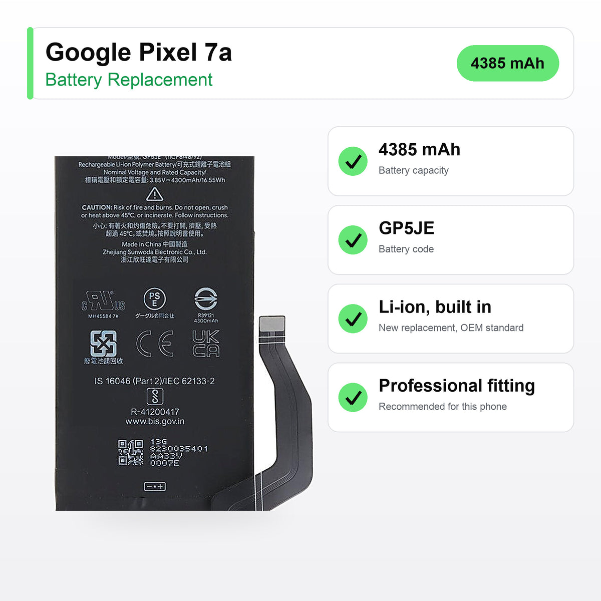 Google Pixel 7a battery replacement specs: 4385 mAh, GP5JE