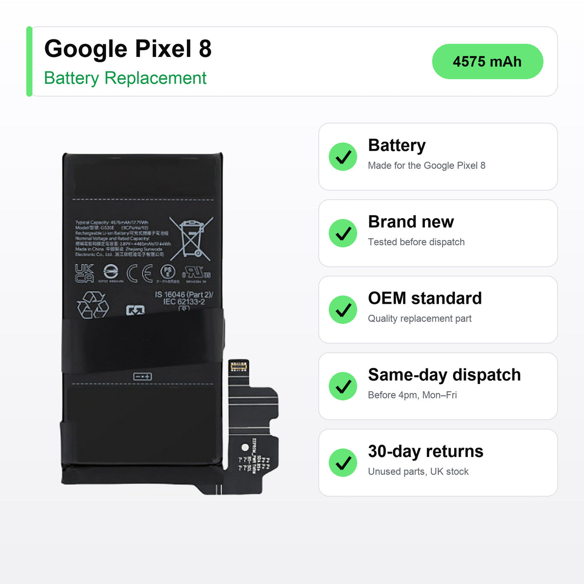 Google Pixel 8 battery key facts: brand new, tested, same-day UK dispatch