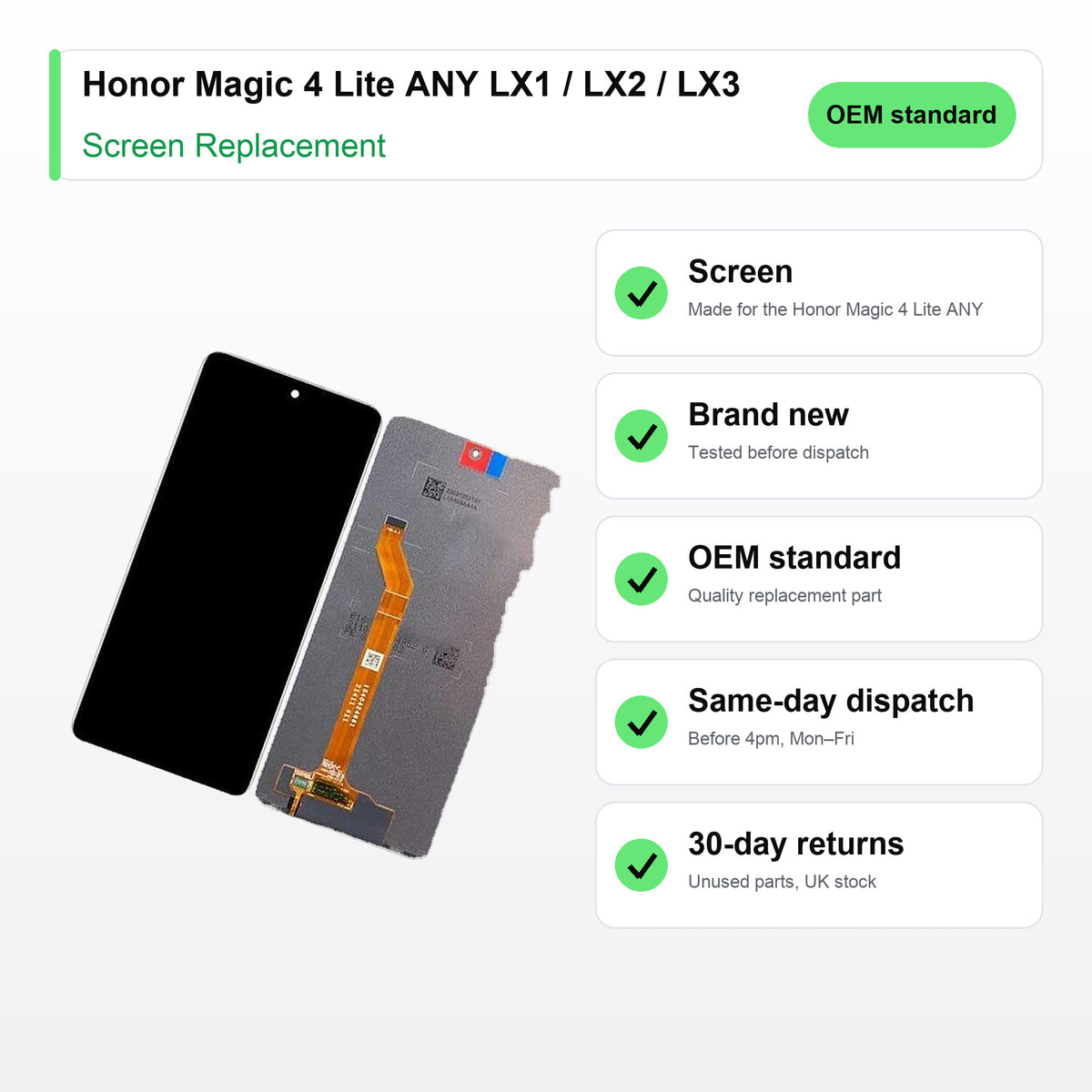 Honor Magic 4 Lite ANY LX1 / LX2 / LX3 screen key facts: brand new, tested, same-day UK dispatch