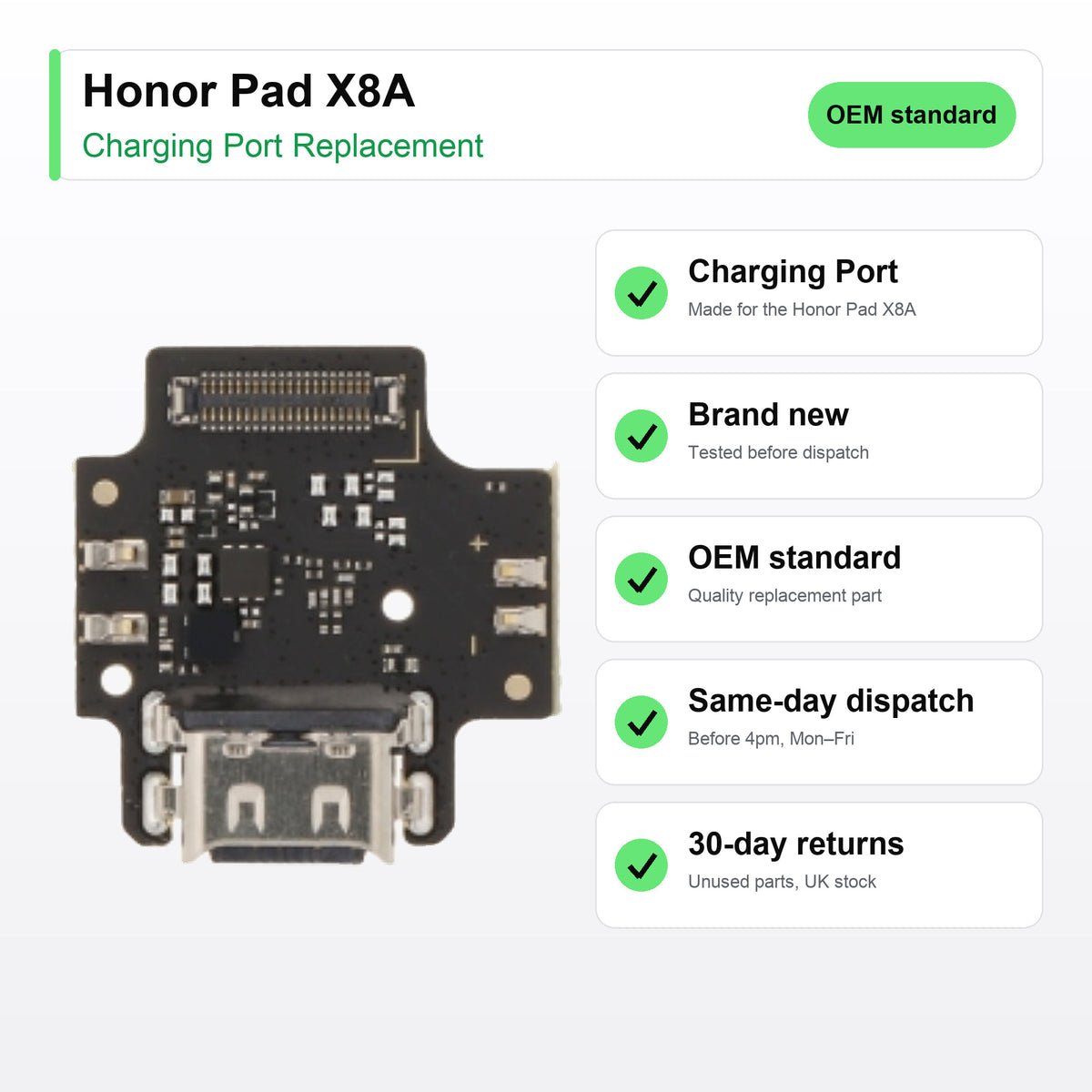 Honor Pad X8A charging port key facts: brand new, tested, same-day UK dispatch