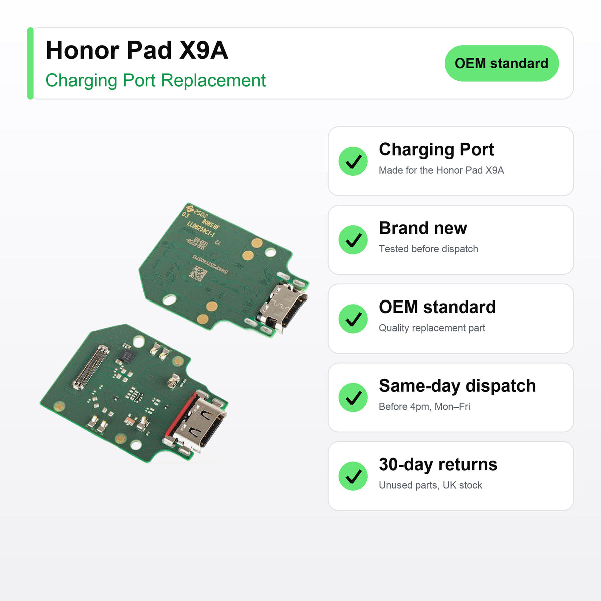 Honor Pad X9A charging port key facts: brand new, tested, same-day UK dispatch