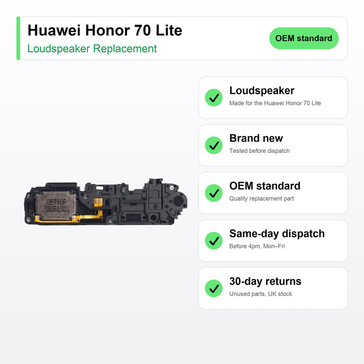 Huawei Honor 70 Lite loudspeaker key facts: brand new, tested, same-day UK dispatch
