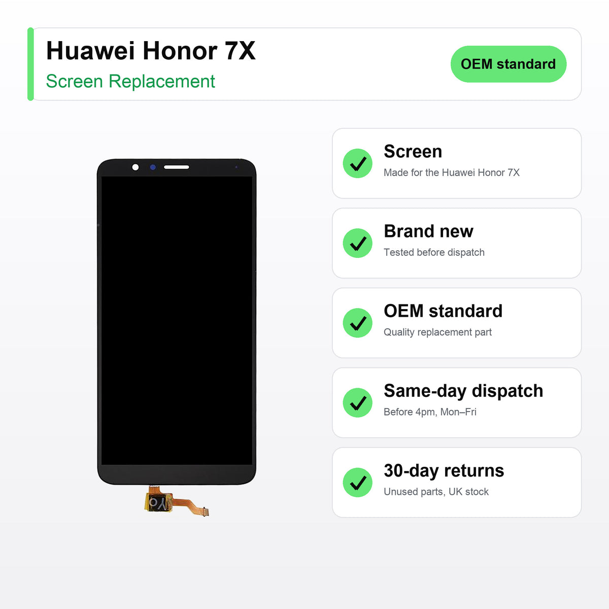 Huawei Honor 7X screen key facts: brand new, tested, same-day UK dispatch