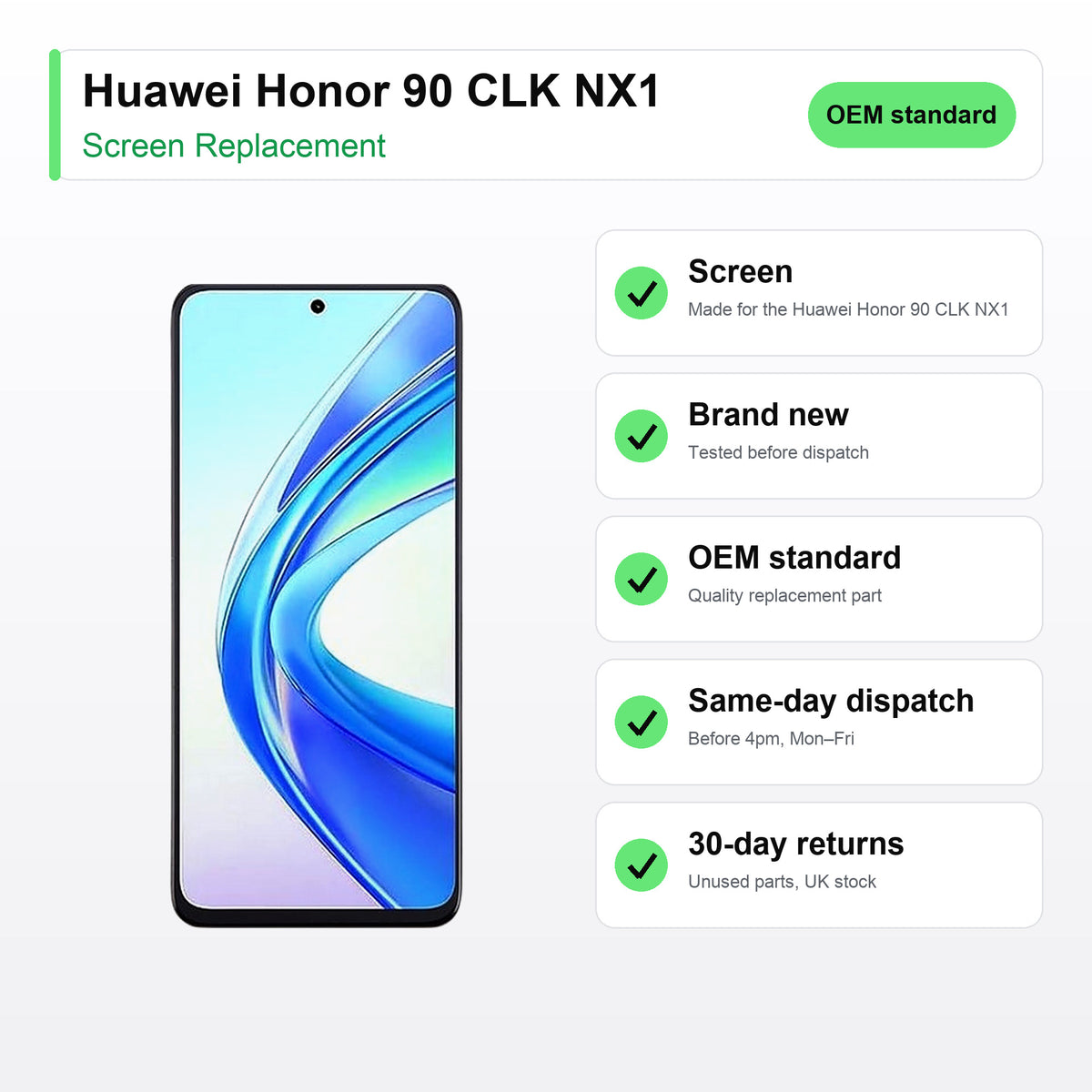 Huawei Honor 90 CLK NX1 screen key facts: brand new, tested, same-day UK dispatch