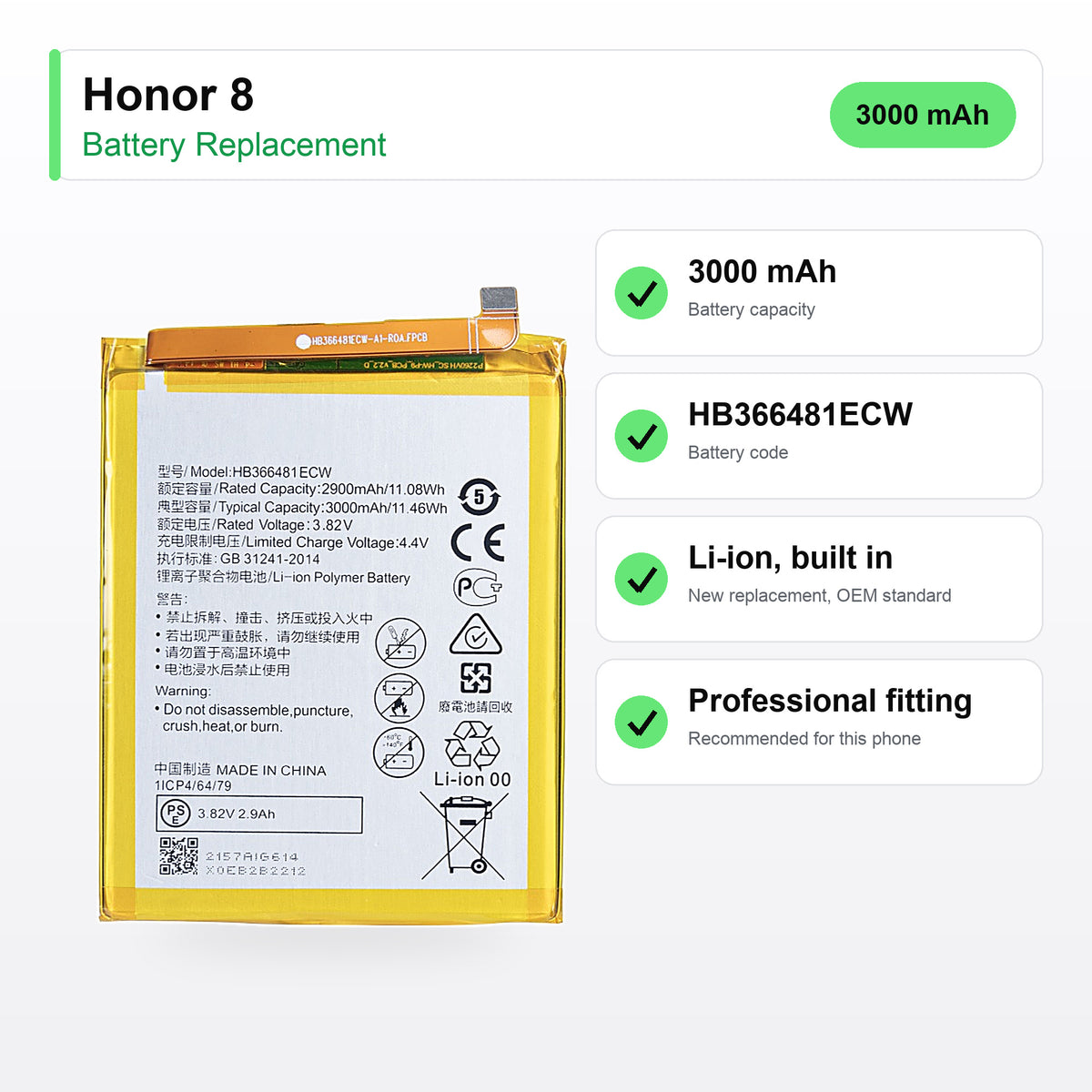 Honor 8 battery replacement specs: 3000 mAh, HB366481ECW