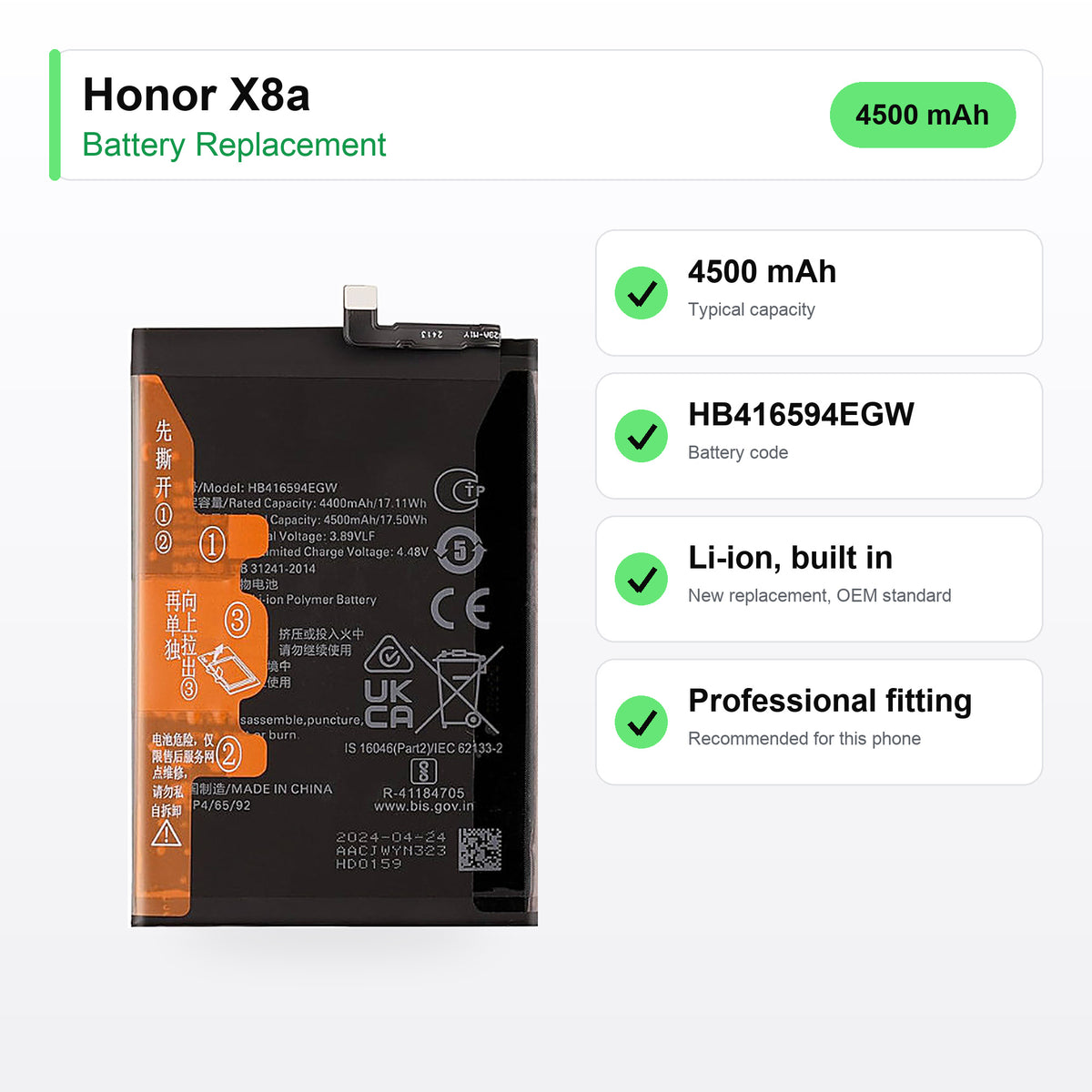 Honor X8a battery replacement specs: 4500 mAh, HB416594EGW, OEM standard replacement