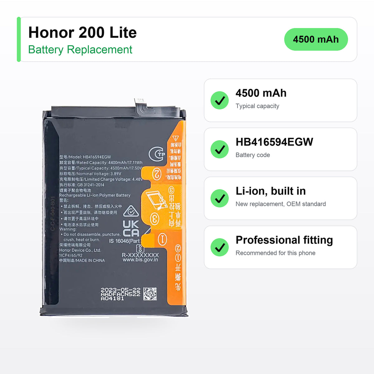 Honor 200 Lite battery replacement specs: 4500 mAh, HB416594EGW, OEM standard replacement