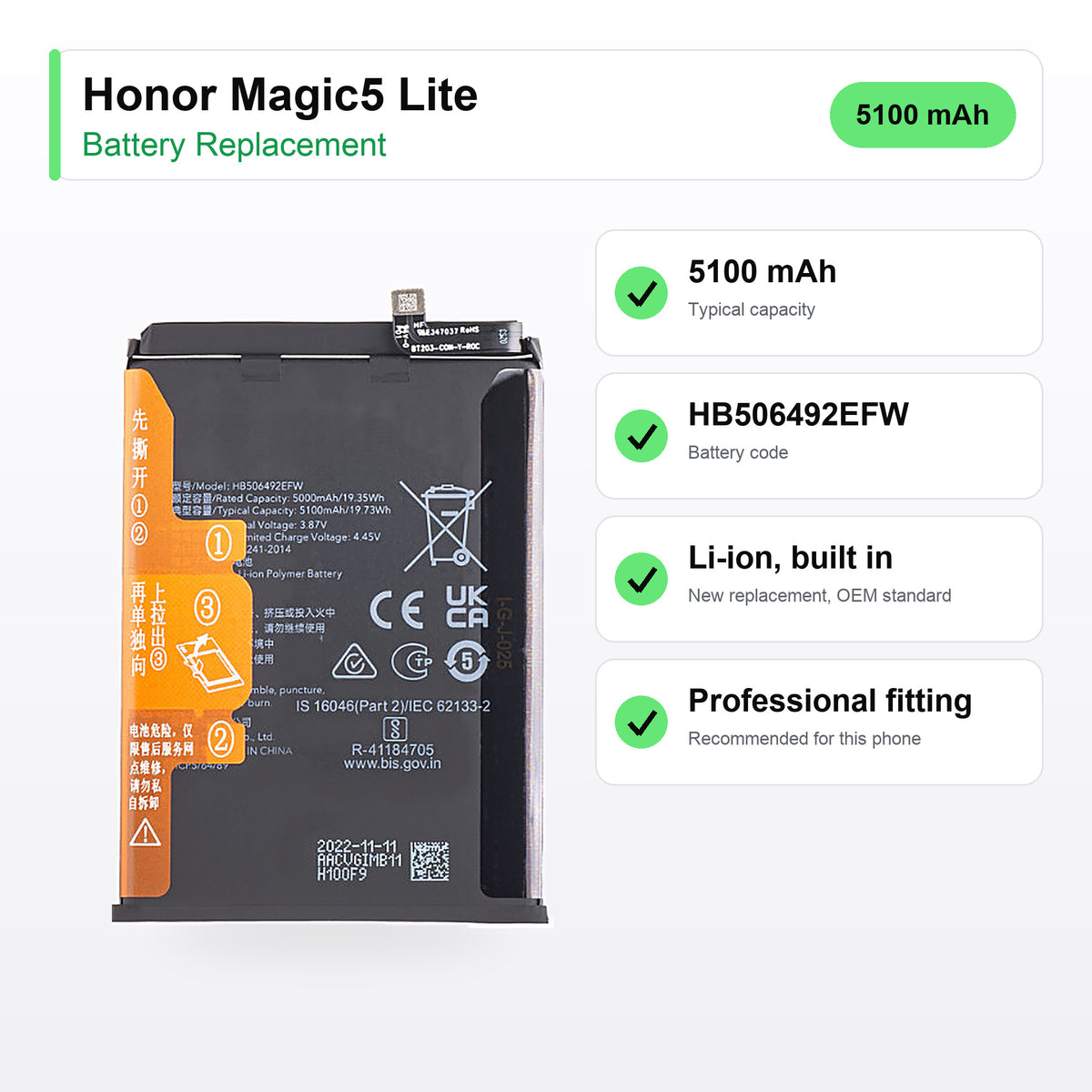 Honor Magic5 Lite battery replacement specs: 5100 mAh, HB506492EFW, OEM standard replacement