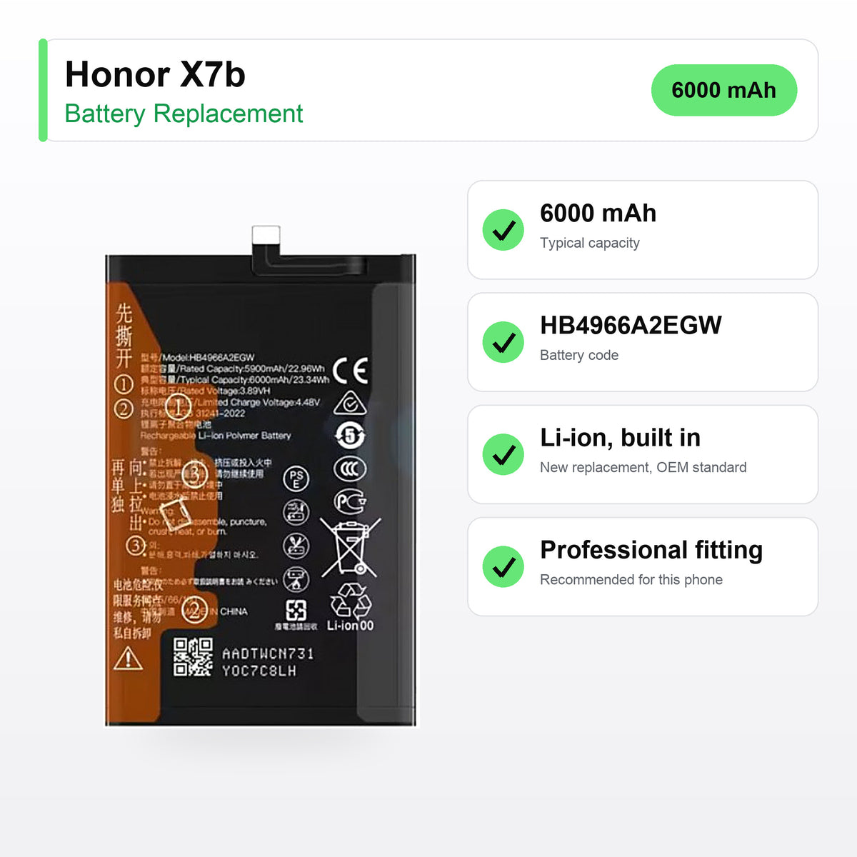 Honor X7b battery replacement specs: 6000 mAh, HB4966A2EGW, OEM standard replacement