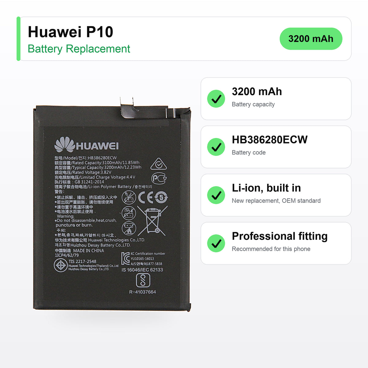 Huawei P10 battery replacement specs: 3200 mAh, HB386280ECW, Li-ion, built in