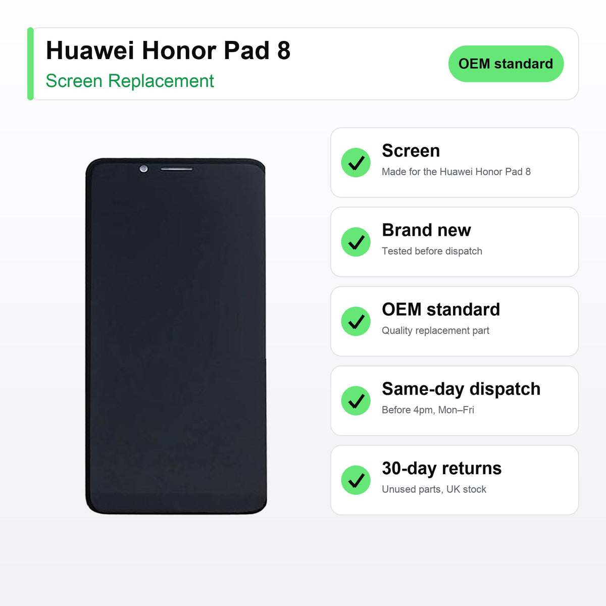 Huawei Honor Pad 8 screen key facts: brand new, tested, same-day UK dispatch