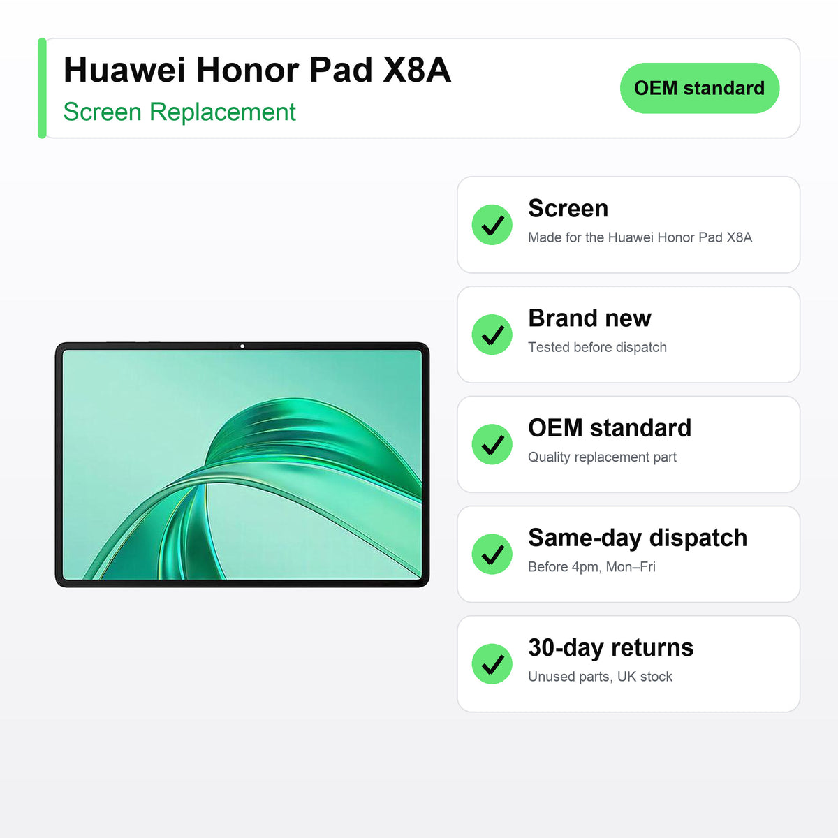 Huawei Honor Pad X8A screen key facts: brand new, tested, same-day UK dispatch