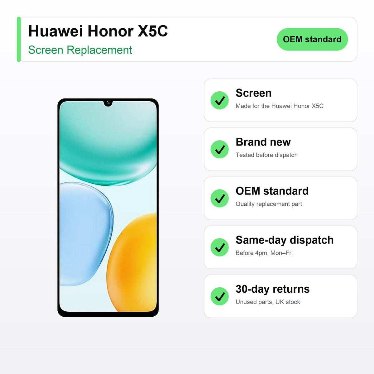 Huawei Honor X5C screen key facts: brand new, tested, same-day UK dispatch