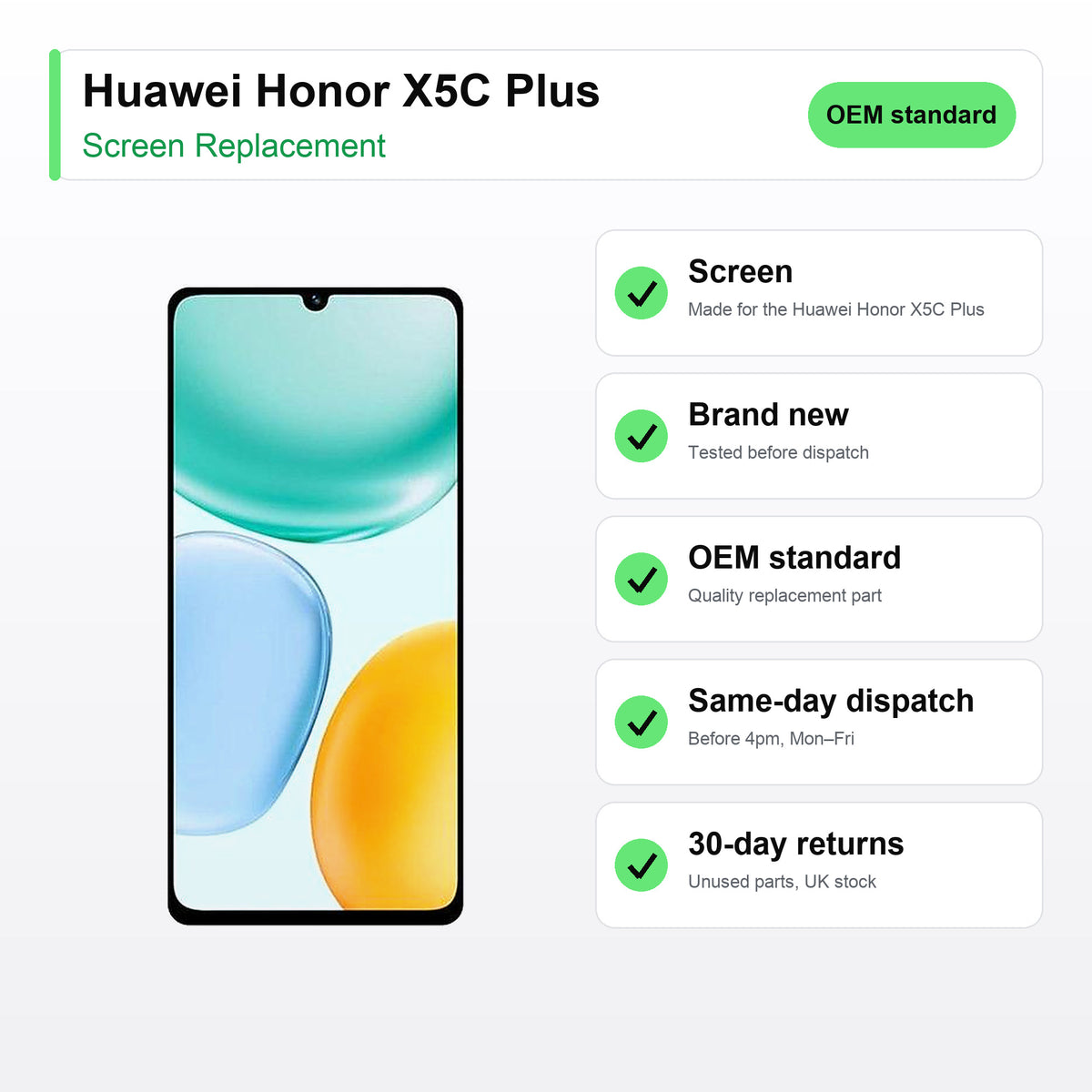 Huawei Honor X5C Plus screen key facts: brand new, tested, same-day UK dispatch