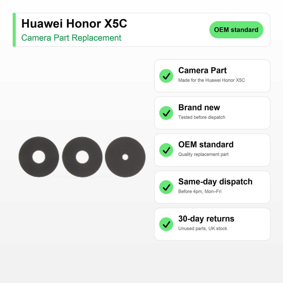 Huawei Honor X5C camera lens key facts: brand new, tested, same-day UK dispatch