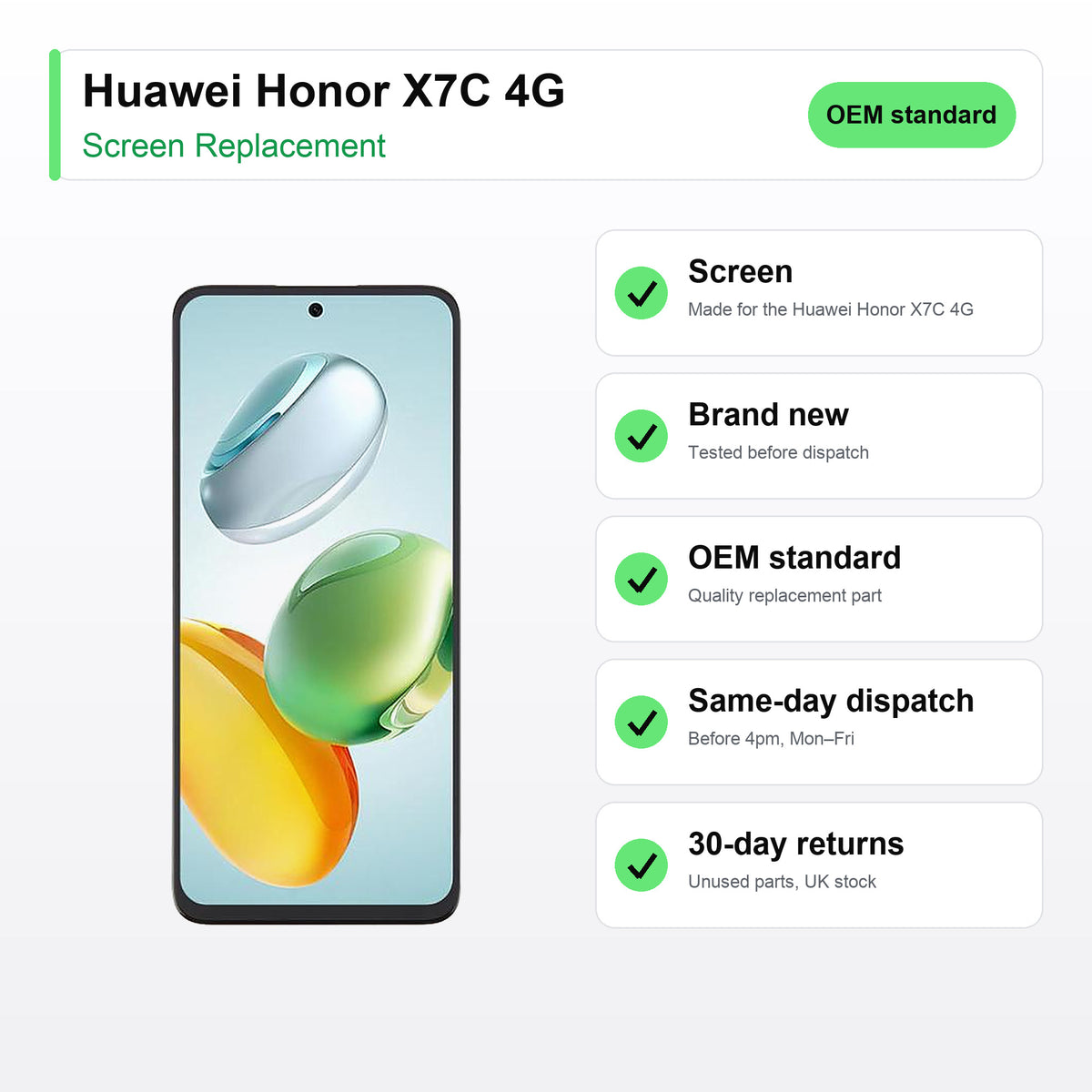 Huawei Honor X7C 4G screen key facts: brand new, tested, same-day UK dispatch