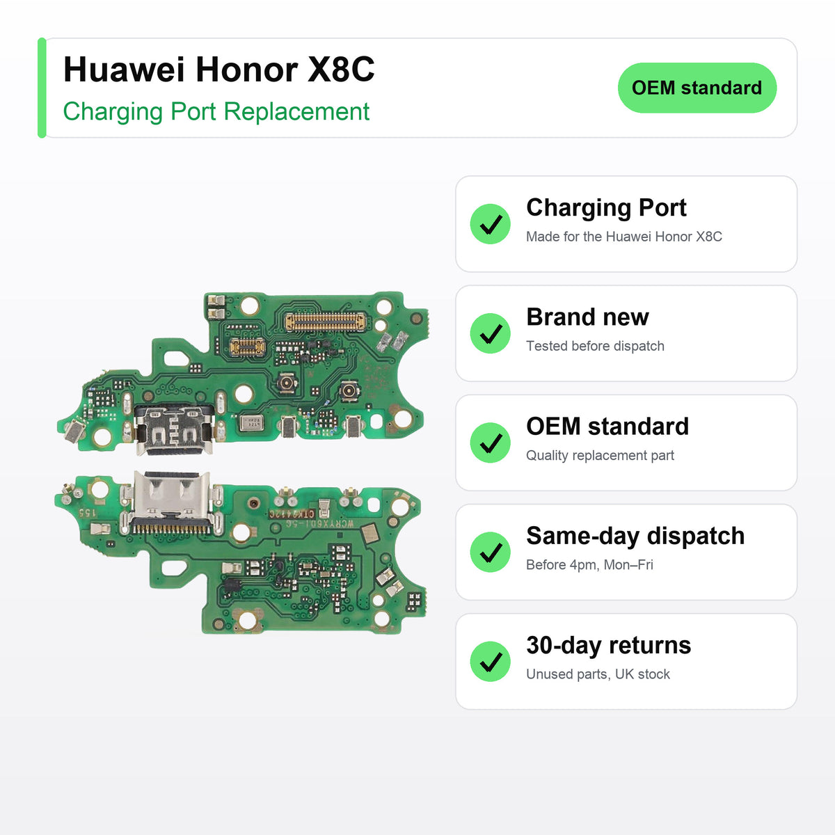 Huawei Honor X8C charging port key facts: brand new, tested, same-day UK dispatch